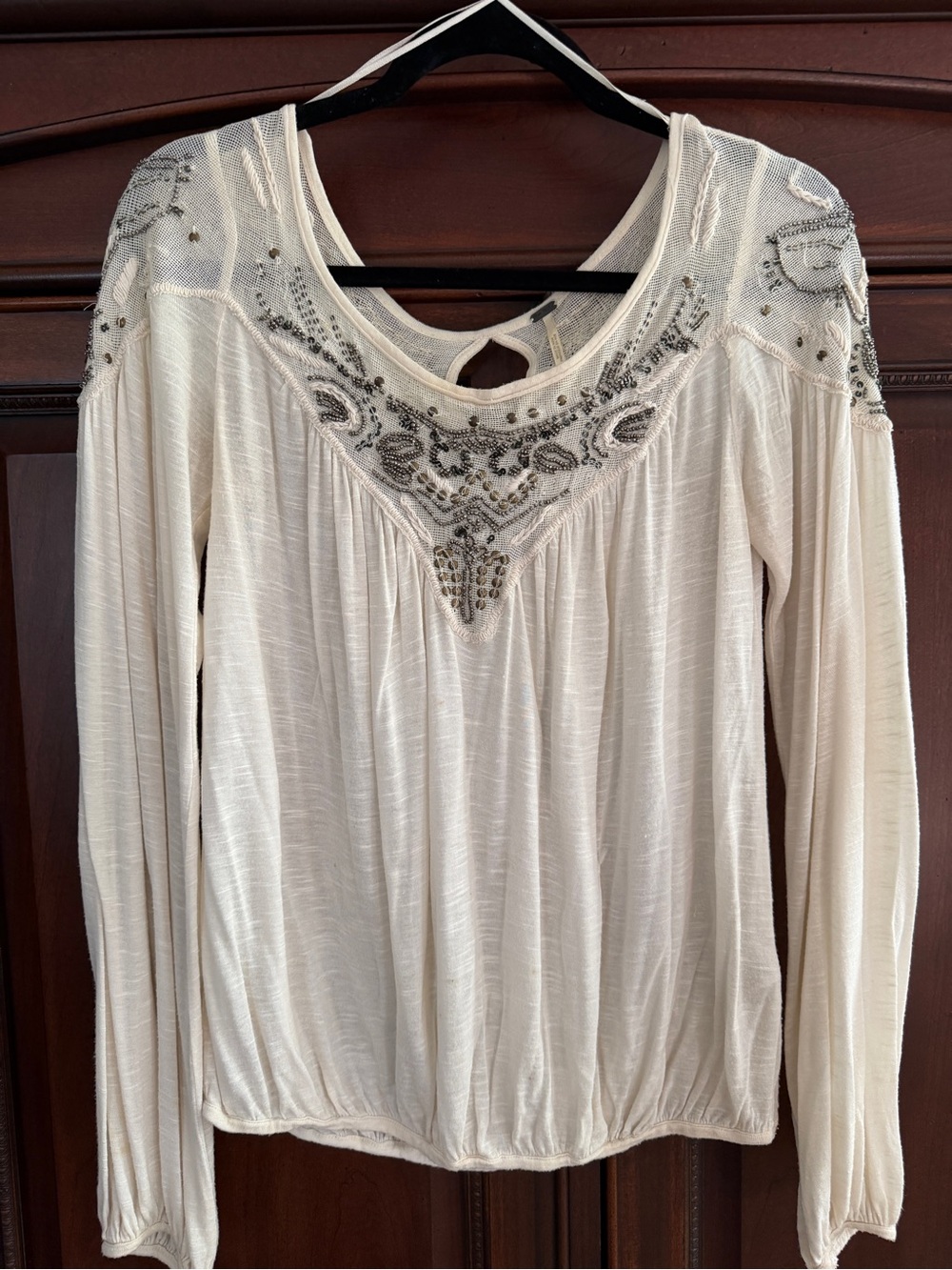 Free People Cream Embellished Boho Long Sleeve Top